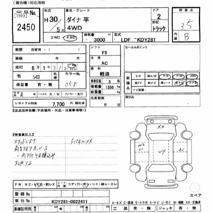 Аукционный лист TOYOTA DYNA 2018