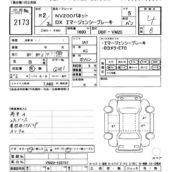 Аукционный лист NISSAN NV200 2020