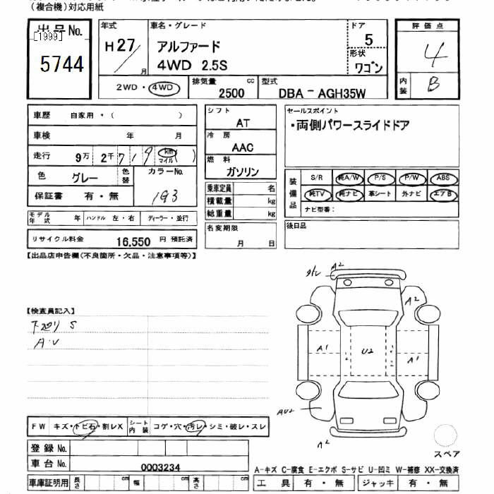 Аукционный лист TOYOTA ALPHARD 2015
