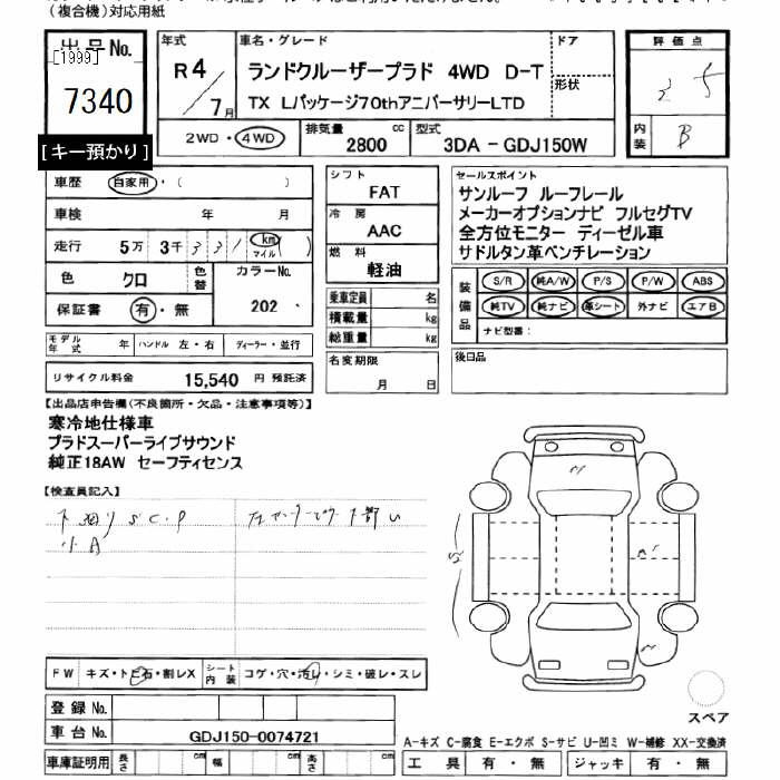 Аукционный лист TOYOTA LAND CRUISER PRADO 2022
