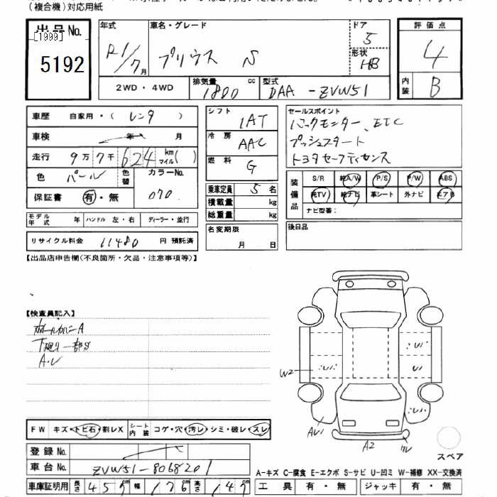 Аукционный лист TOYOTA PRIUS 2019