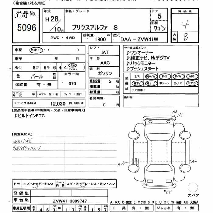 Аукционный лист TOYOTA PRIUS ALPHA 2016