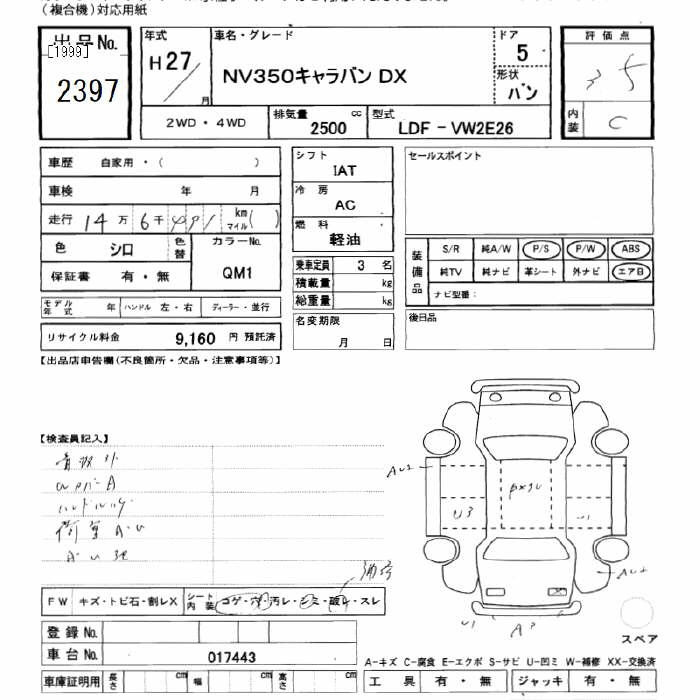 Аукционный лист NISSAN CARAVAN VAN 2015