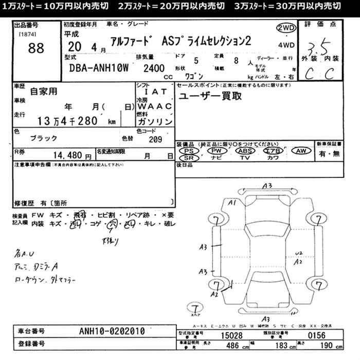 Аукционный лист TOYOTA ALPHARD 2008