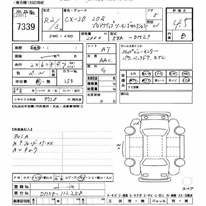 Аукционный лист MAZDA CX-30 2020