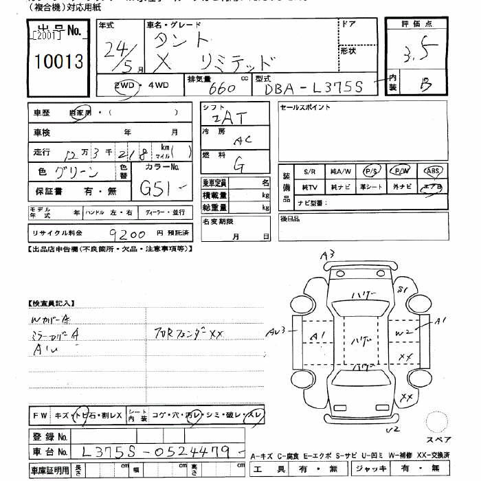 Аукционный лист DAIHATSU TANTO 2012