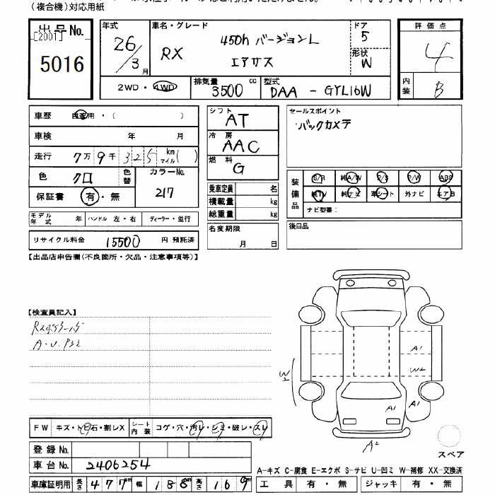 Аукционный лист LEXUS RX 2014