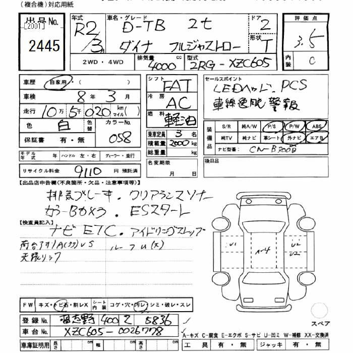Аукционный лист TOYOTA DYNA 2020