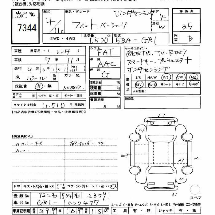 Аукционный лист HONDA FIT 2022