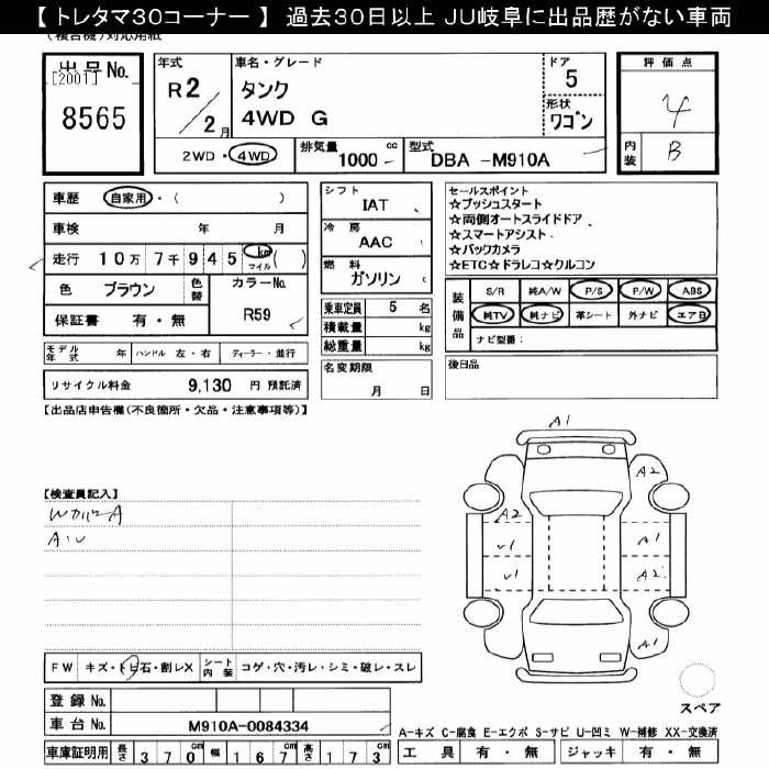 Аукционный лист TOYOTA TANK 2020