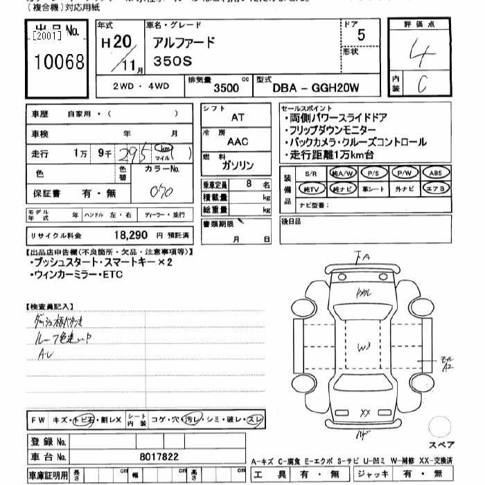 Аукционный лист TOYOTA ALPHARD 2008