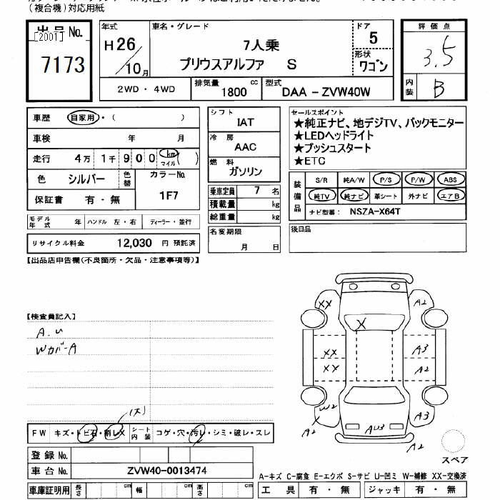 Аукционный лист TOYOTA PRIUS ALPHA 2014