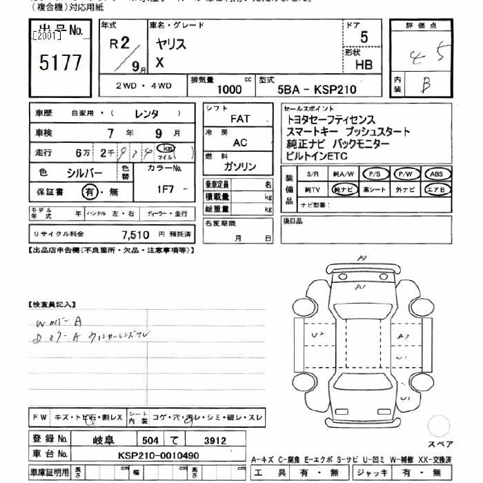 Аукционный лист TOYOTA YARIS 2020