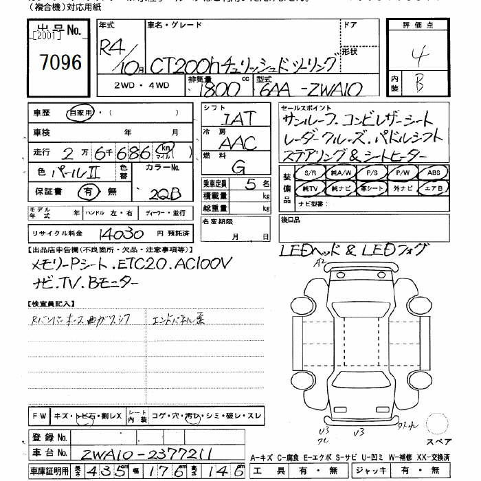 Аукционный лист LEXUS CT 2022