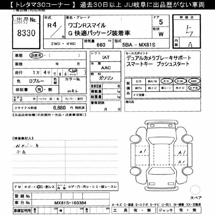 Аукционный лист SUZUKI WAGON R SMILE 2022