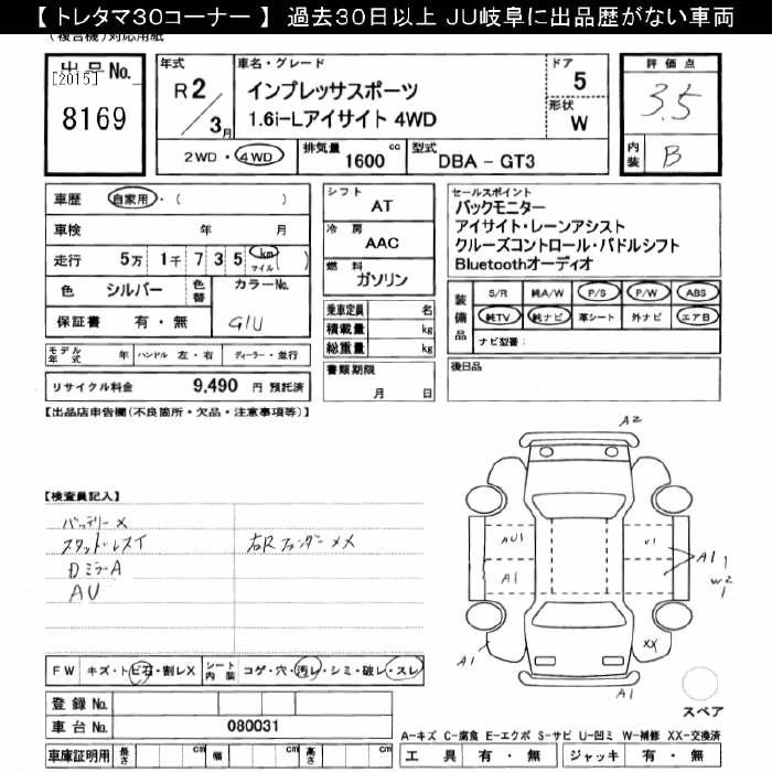 Аукционный лист SUBARU IMPREZA 2020