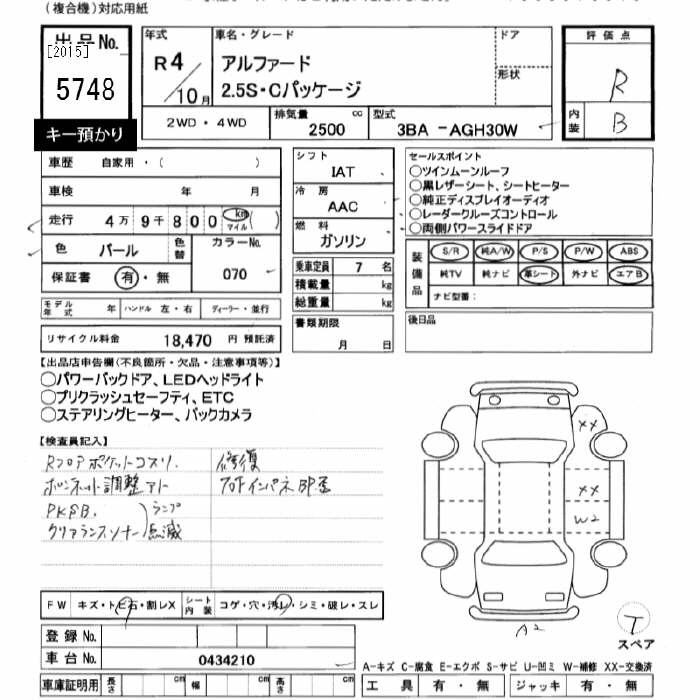 Аукционный лист TOYOTA ALPHARD 2022
