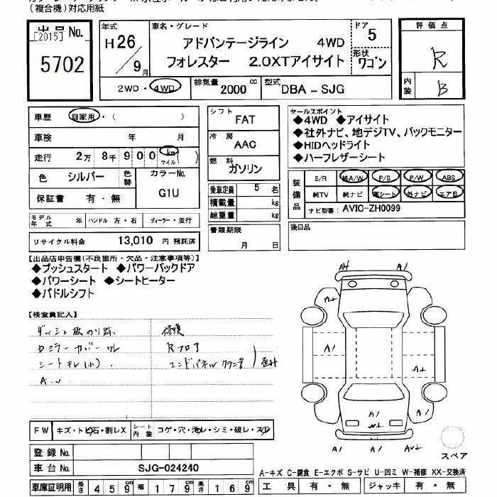 Аукционный лист SUBARU FORESTER 2014