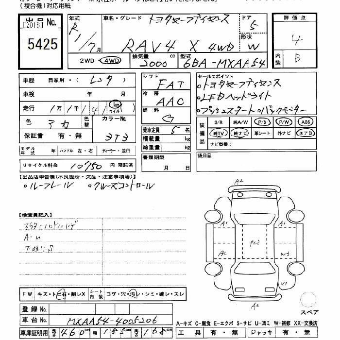 Аукционный лист TOYOTA RAV4 2019