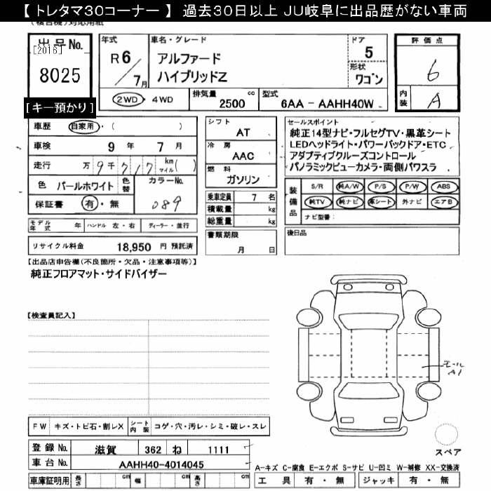 Аукционный лист TOYOTA ALPHARD 2024