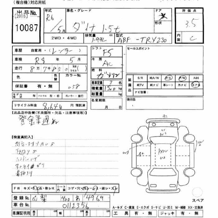 Аукционный лист TOYOTA DYNA 2024