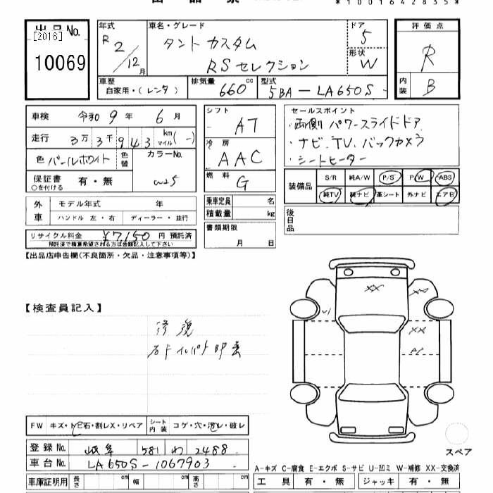 Аукционный лист DAIHATSU TANTO 2020