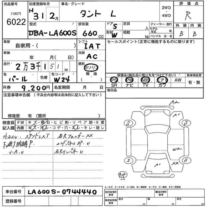 Аукционный лист DAIHATSU TANTO 2019