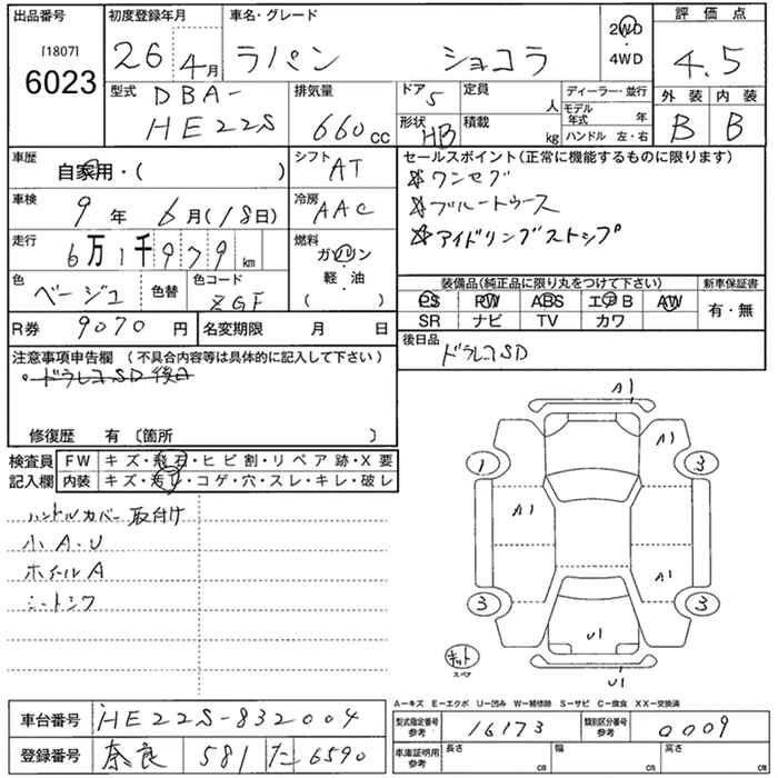 Аукционный лист SUZUKI ALTO LAPIN 2014