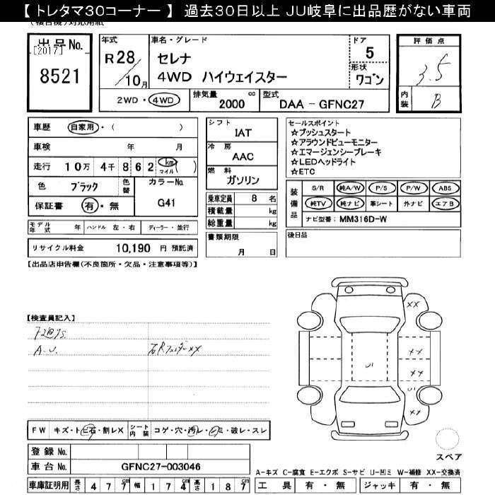 Аукционный лист NISSAN SERENA 2016