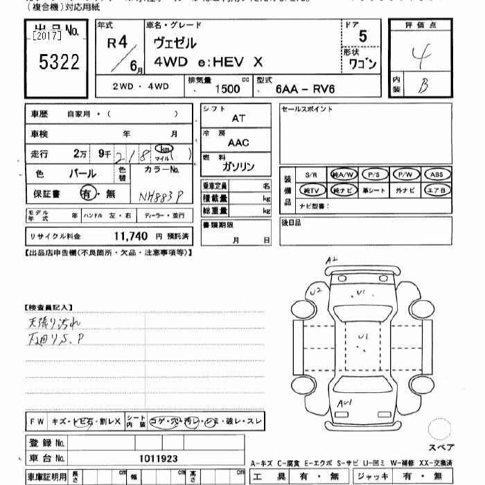 Аукционный лист HONDA VEZEL 2022