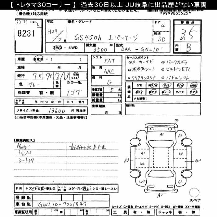 Аукционный лист LEXUS GS 2017