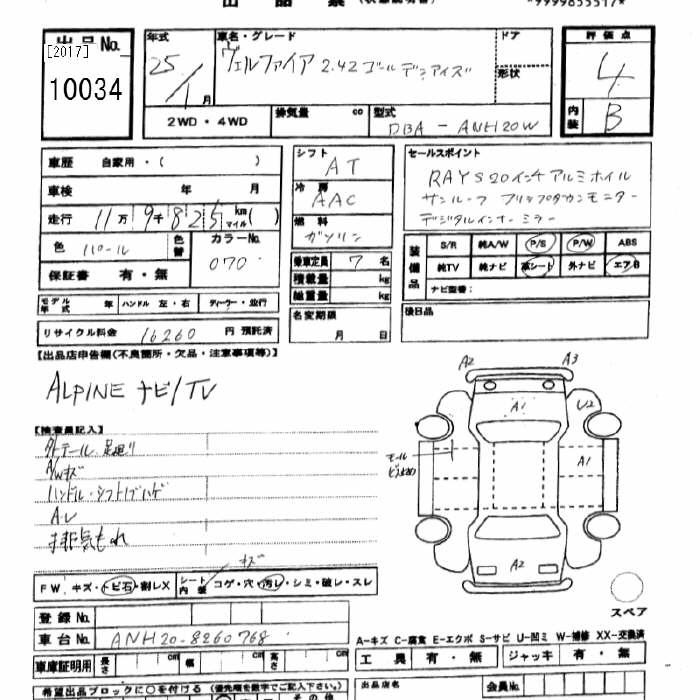 Аукционный лист TOYOTA VELLFIRE 2013