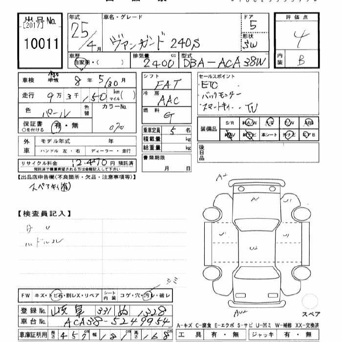 Аукционный лист TOYOTA VANGUARD 2013