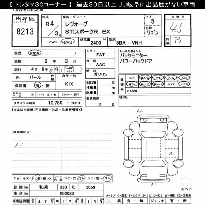 Аукционный лист SUBARU LEVORG 2022