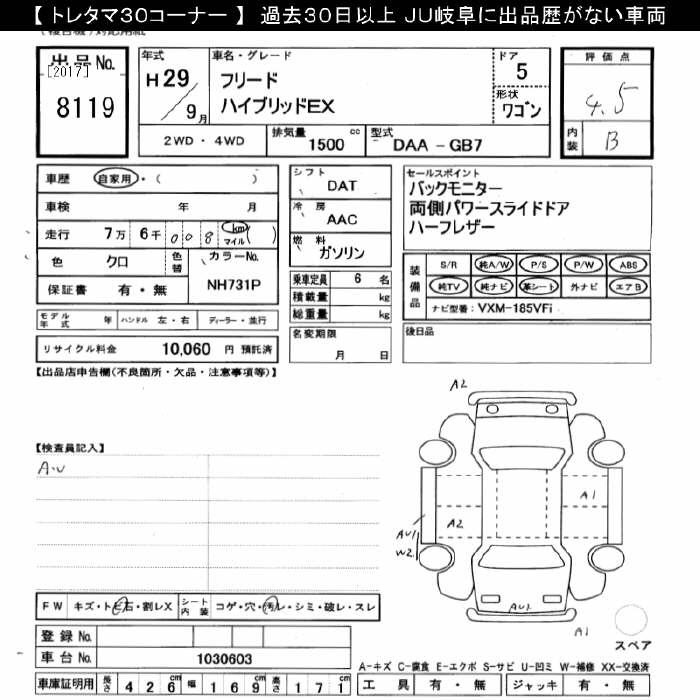 Аукционный лист HONDA FREED 2017