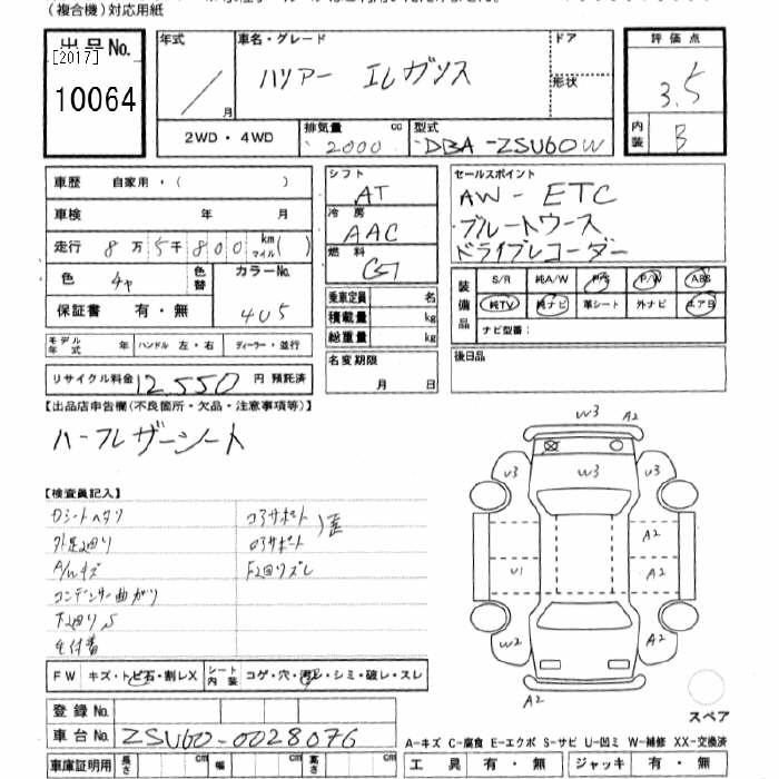 Аукционный лист TOYOTA HARRIER 2014
