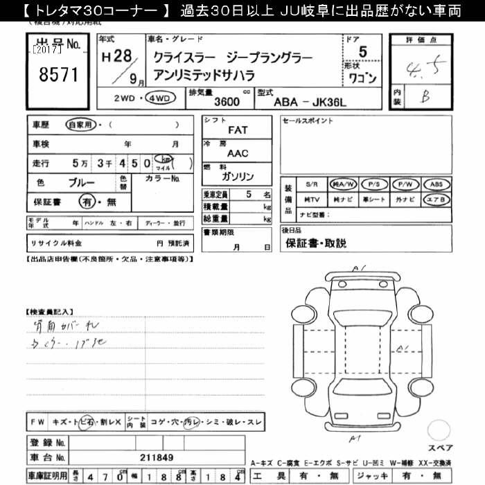 Аукционный лист CHRYSLER JEEP WRANGLER 2016