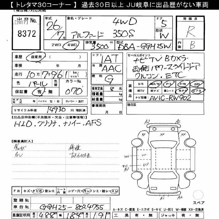 Аукционный лист TOYOTA ALPHARD 2014