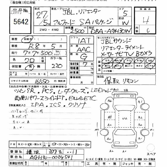 Аукционный лист TOYOTA ALPHARD 2015