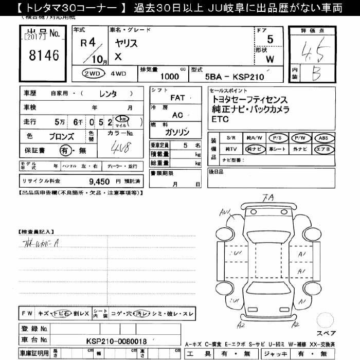 Аукционный лист TOYOTA YARIS 2022