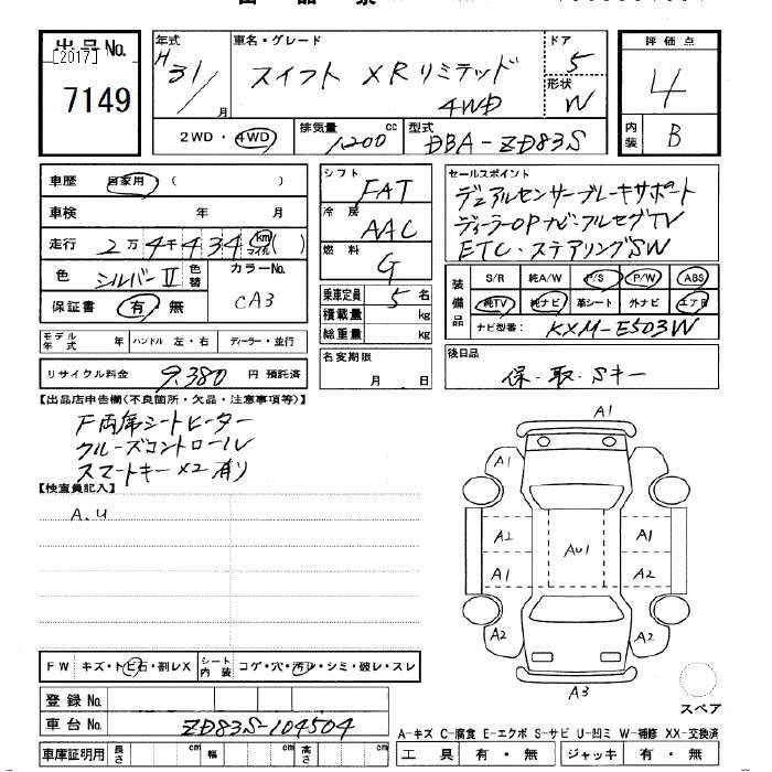 Аукционный лист SUZUKI SWIFT 2019