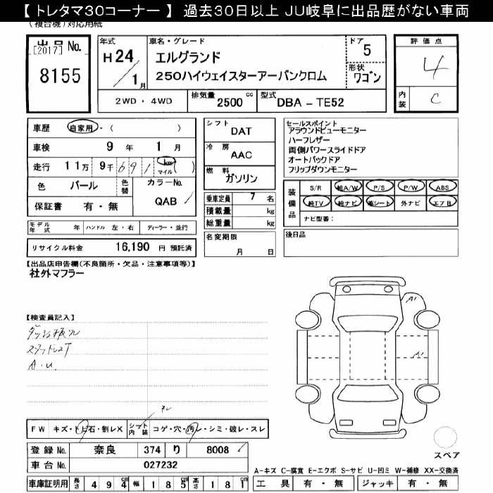 Аукционный лист NISSAN ELGRAND 2012