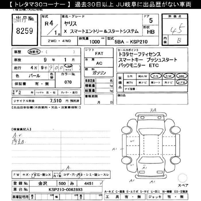 Аукционный лист TOYOTA YARIS 2022