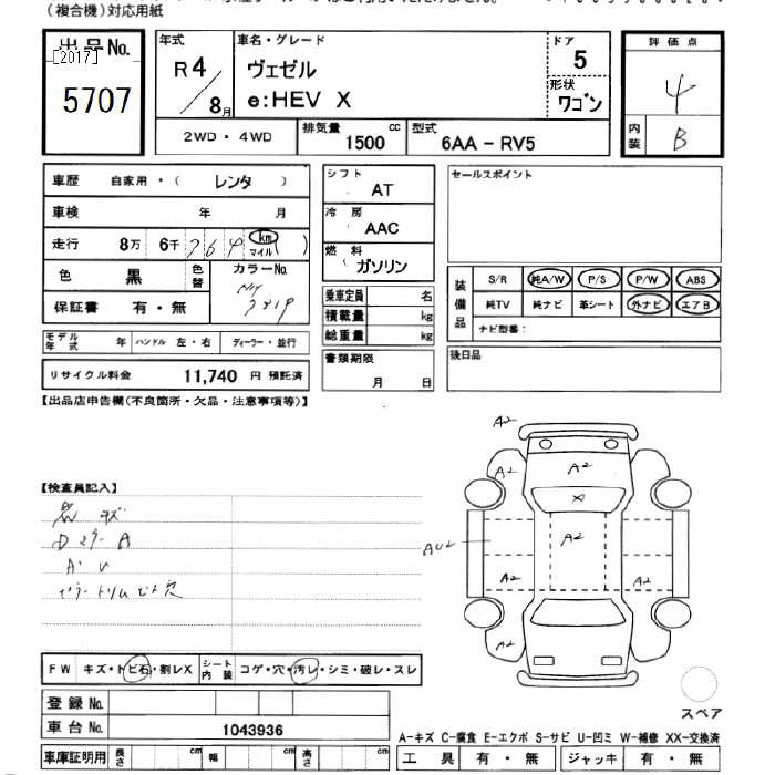 Аукционный лист HONDA VEZEL 2022