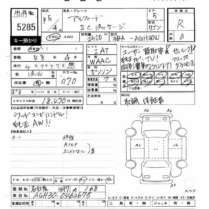 Аукционный лист TOYOTA ALPHARD 2023