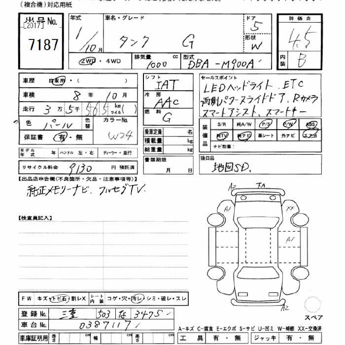 Аукционный лист TOYOTA TANK 2019