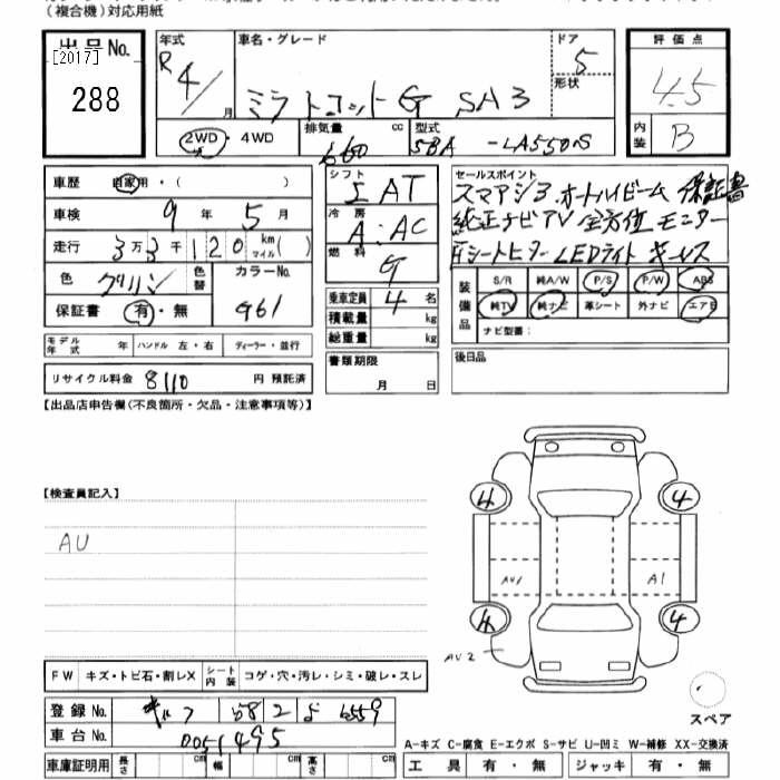 Аукционный лист DAIHATSU MIRA TOCOT 2022