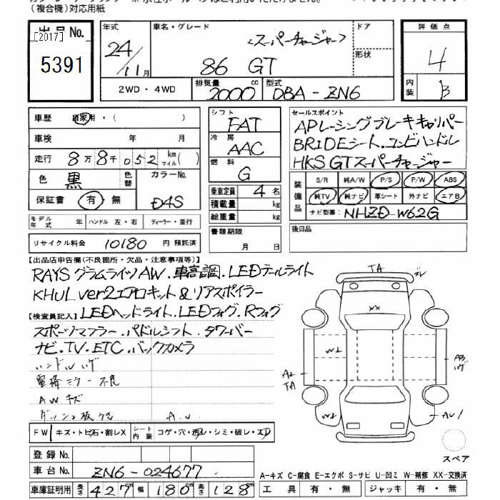 Аукционный лист TOYOTA 86 2012