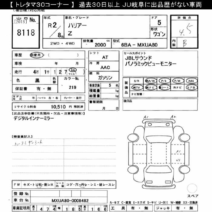 Аукционный лист TOYOTA HARRIER 2020