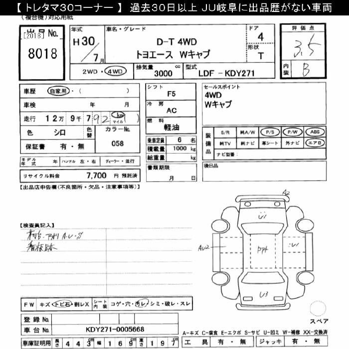 Аукционный лист TOYOTA TOYOACE 2018